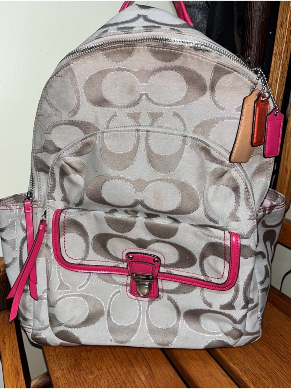 Beige Signature Pattern Backpack with Pink Trim - Picture 3 of 10